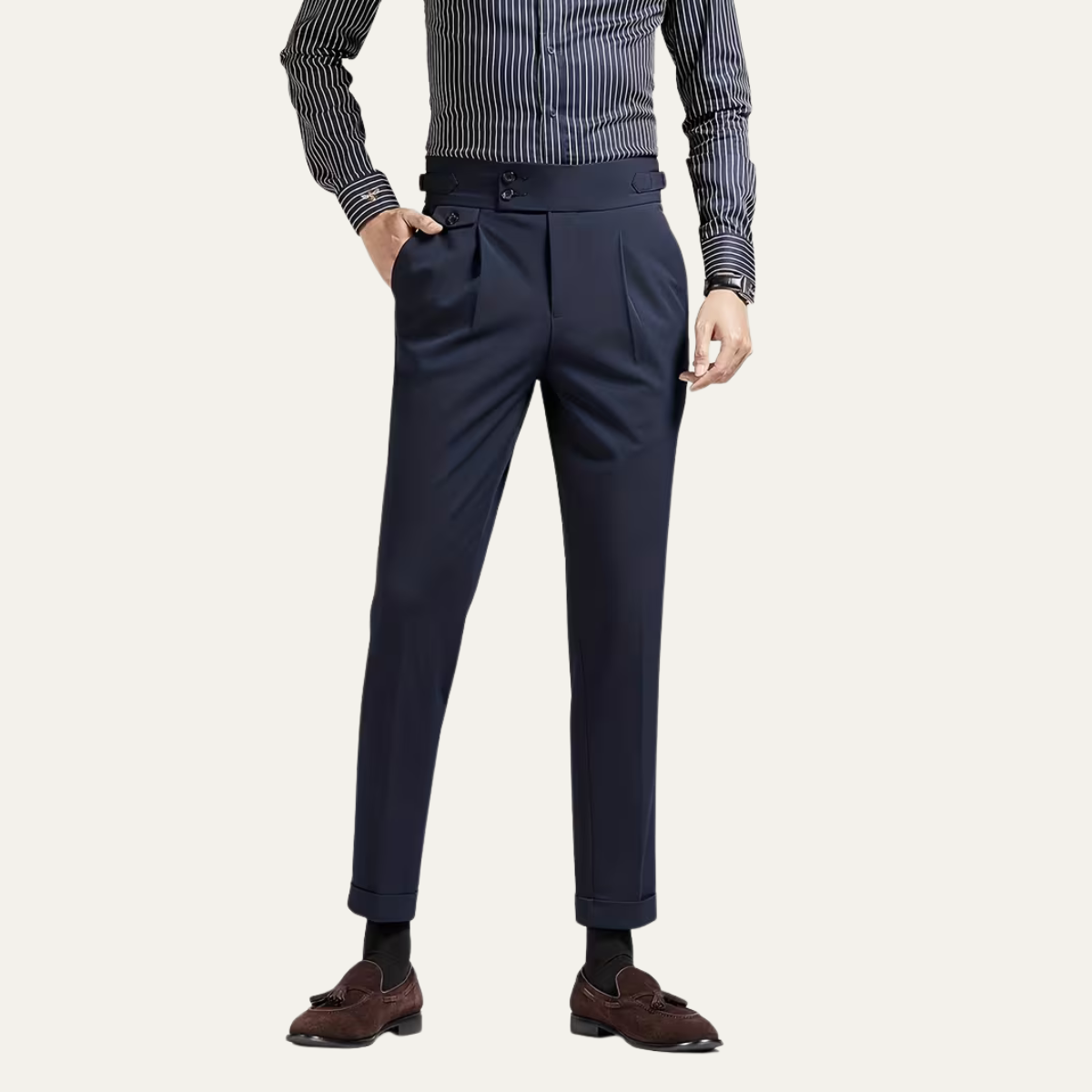 Men's Dress Pants - High Waist Slim Fit with Double Button - Pleated Front and Turn-Up Cuffs