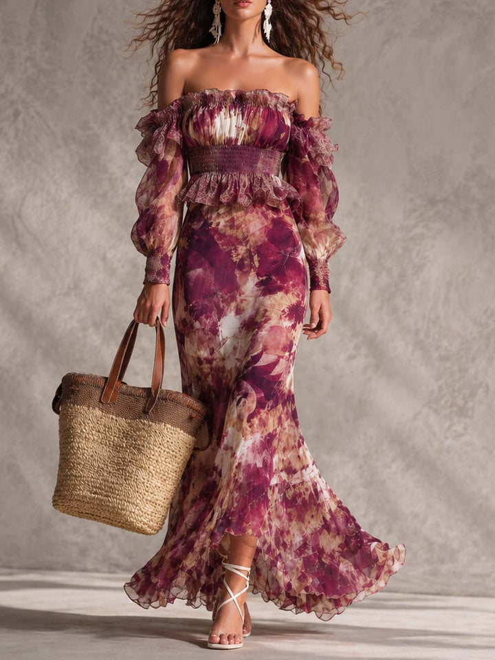 Off-Shoulder Chiffon Maxi Dress in Rose Pink Floral