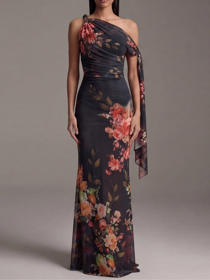 Black Printed Pleated Chiffon Maxi Dress with One Shoulder Design
