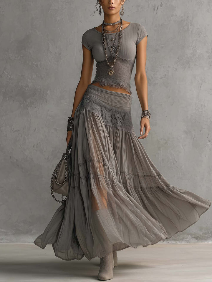 Grey Sheer Lace-Panel Top with Pleated Maxi Skirt Ensemble