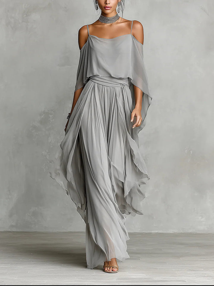 Grey Off-Shoulder Chiffon Camisole and Flowy Trouser Set