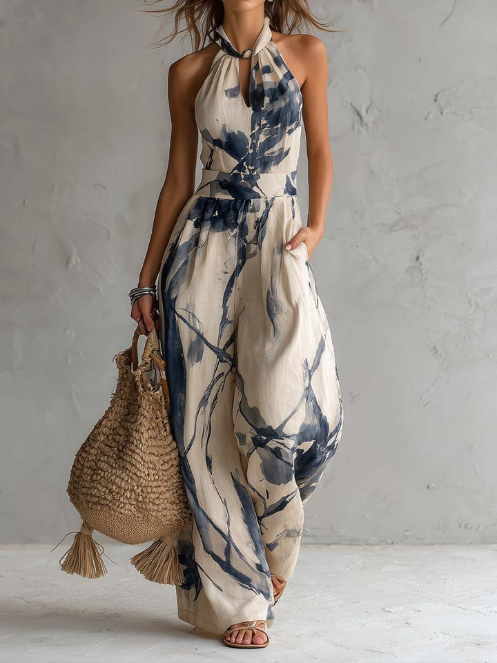 Halter Neck Wide Leg Jumpsuit with Ink Wash Print and Pockets