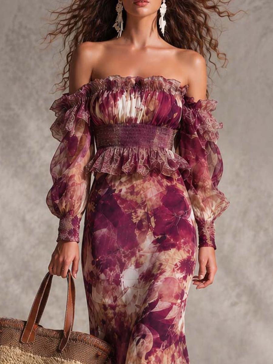 Off-Shoulder Chiffon Maxi Dress in Rose Pink Floral