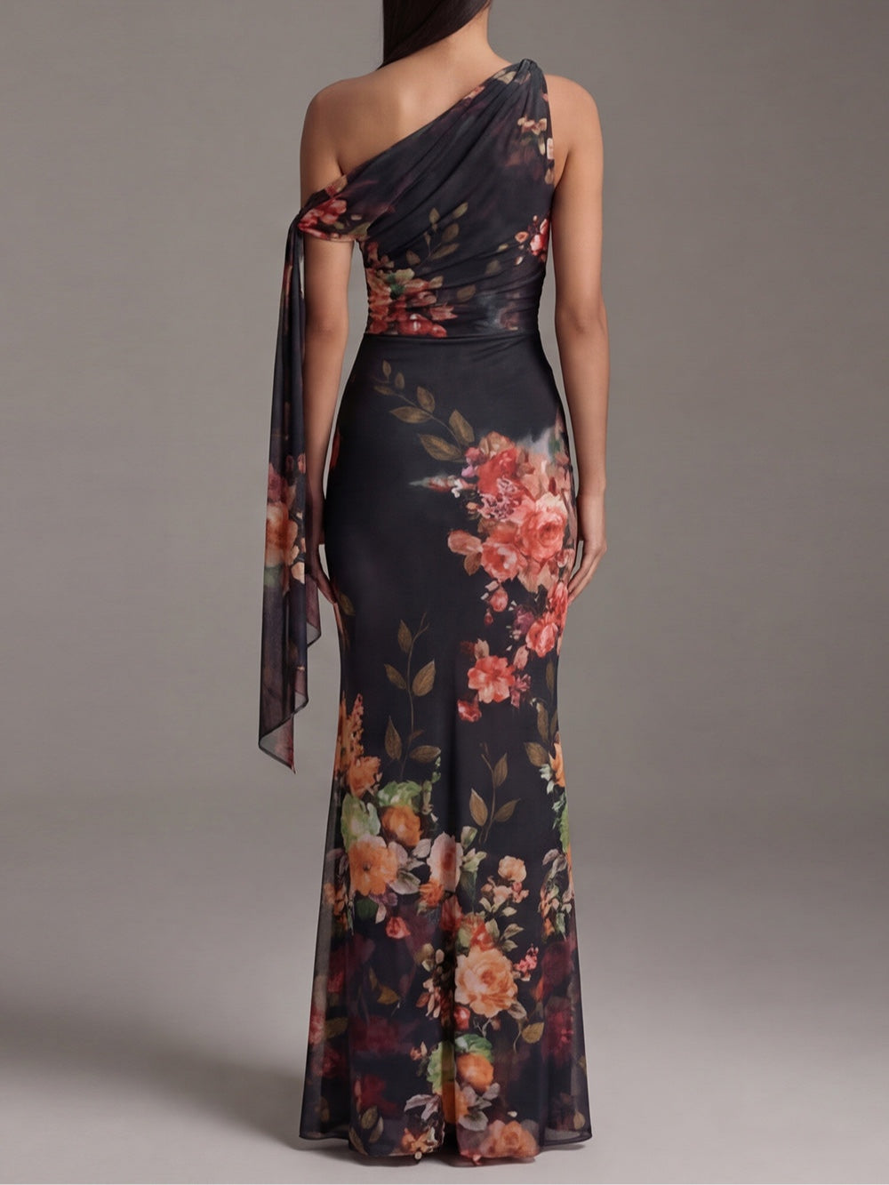 Black Printed Pleated Chiffon Maxi Dress with One Shoulder Design