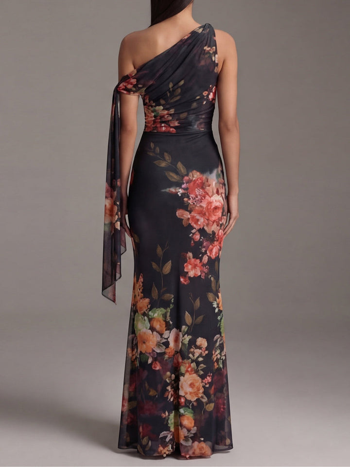Black Printed Pleated Chiffon Maxi Dress with One Shoulder Design
