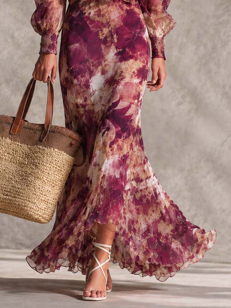 Off-Shoulder Chiffon Maxi Dress in Rose Pink Floral