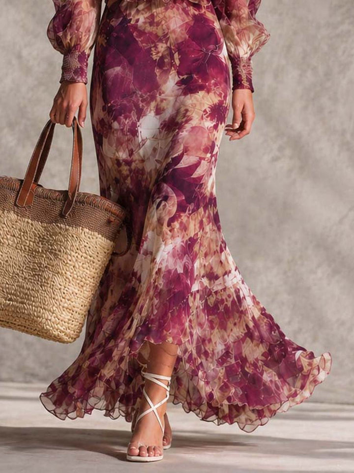 Off-Shoulder Chiffon Maxi Dress in Rose Pink Floral