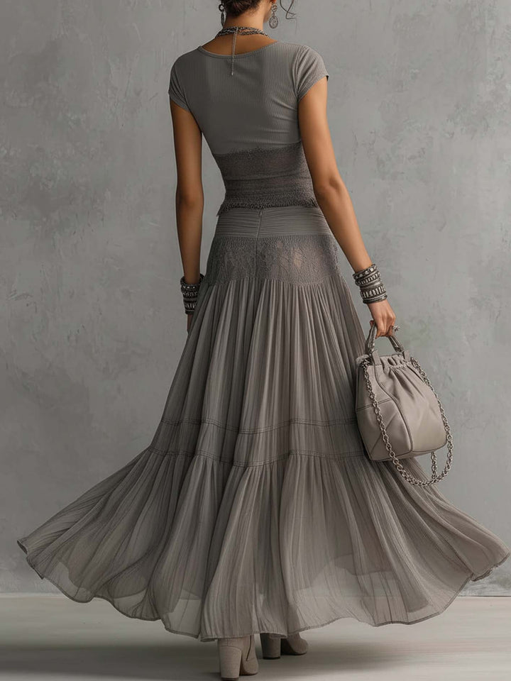 Grey Sheer Lace-Panel Top with Pleated Maxi Skirt Ensemble