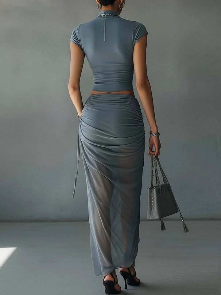 Blue Cropped Tee with Sheer Mesh Draped Skirt Ensemble