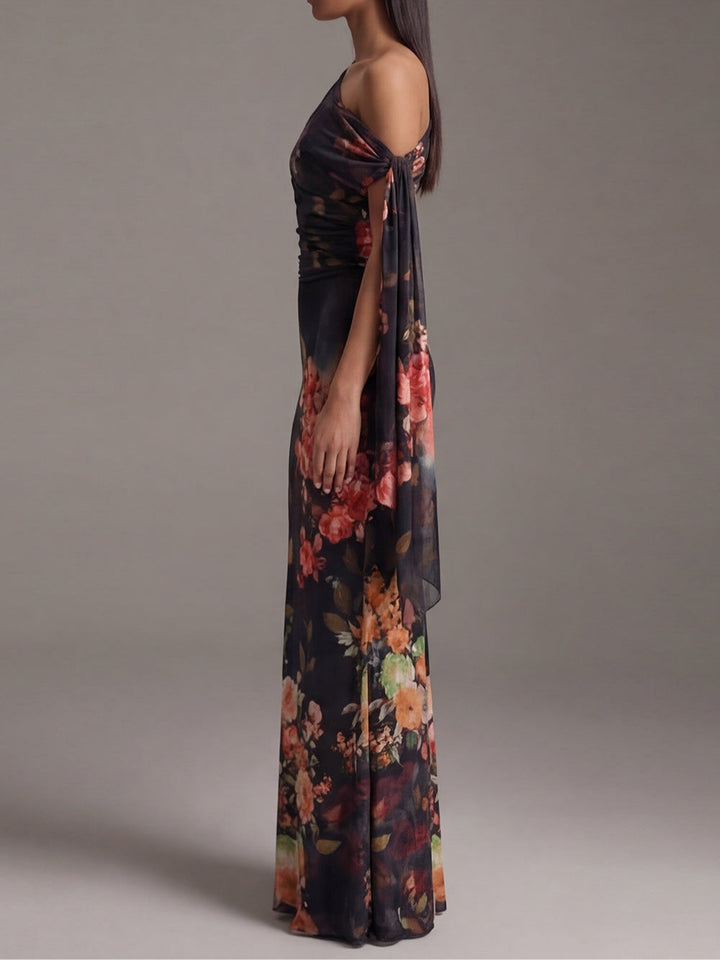 Black Printed Pleated Chiffon Maxi Dress with One Shoulder Design