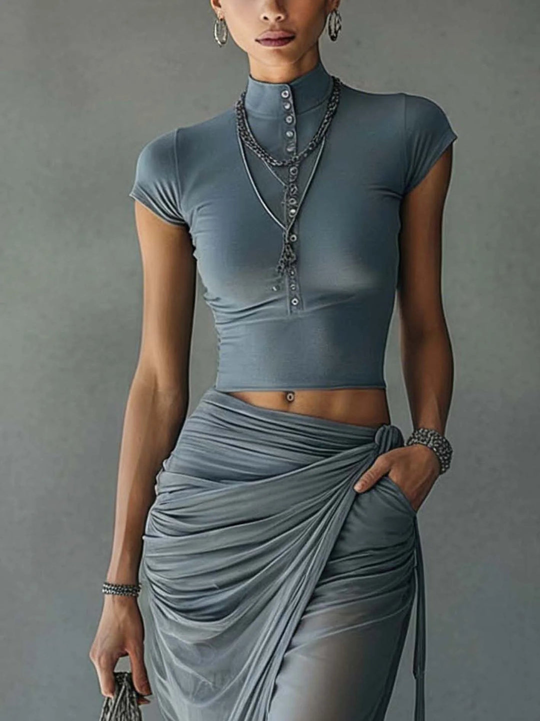Blue Cropped Tee with Sheer Mesh Draped Skirt Ensemble