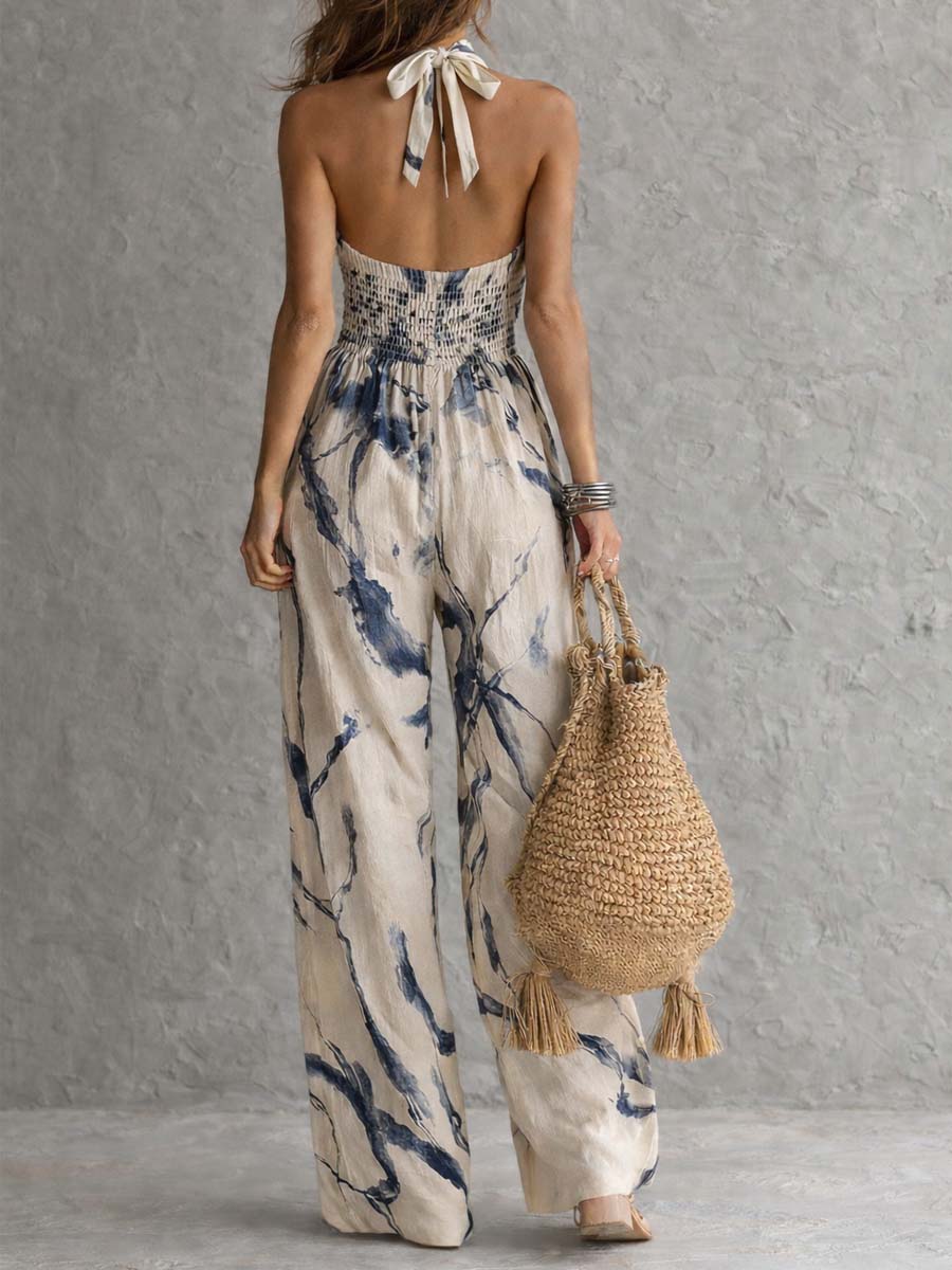Halter Neck Wide Leg Jumpsuit with Ink Wash Print and Pockets