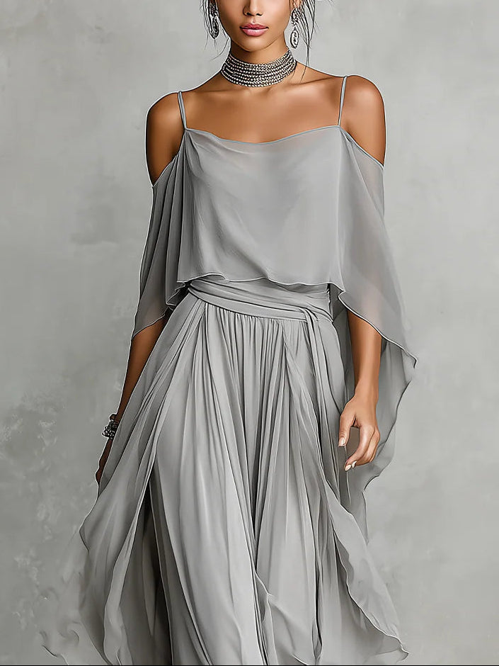 Grey Off-Shoulder Chiffon Camisole and Flowy Trouser Set