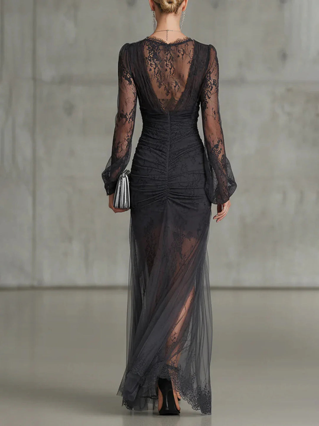 Dark Grey Sheer Maxi Dress with Lace Ruched Long Sleeves and Side Slit