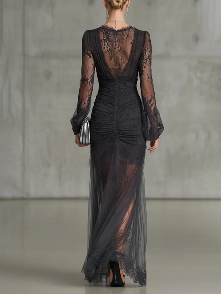 Dark Grey Sheer Maxi Dress with Lace Ruched Long Sleeves and Side Slit