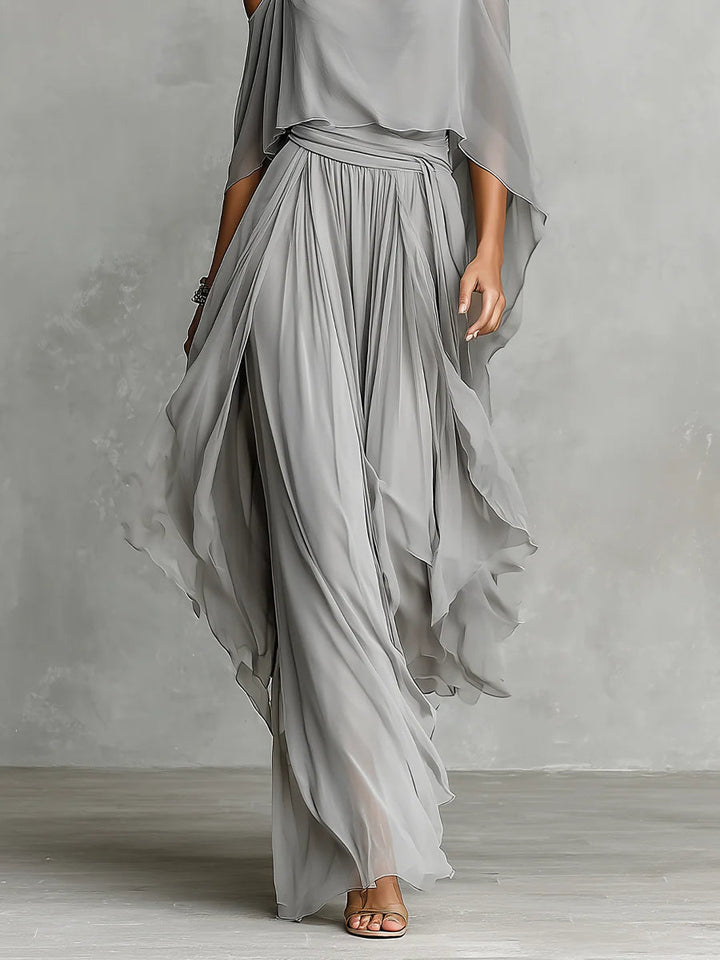 Grey Off-Shoulder Chiffon Camisole and Flowy Trouser Set
