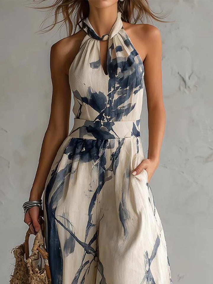 Halter Neck Wide Leg Jumpsuit with Ink Wash Print and Pockets