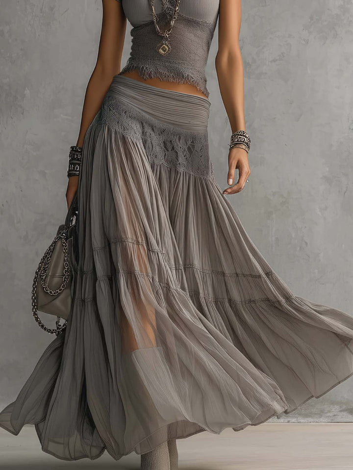 Grey Sheer Lace-Panel Top with Pleated Maxi Skirt Ensemble