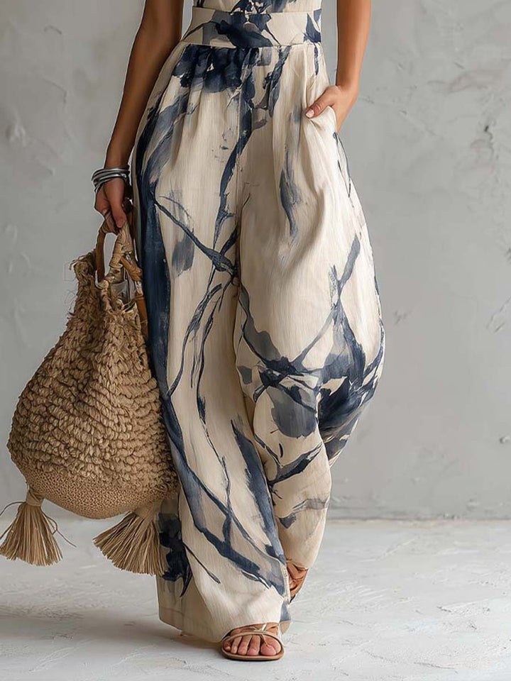 Halter Neck Wide Leg Jumpsuit with Ink Wash Print and Pockets