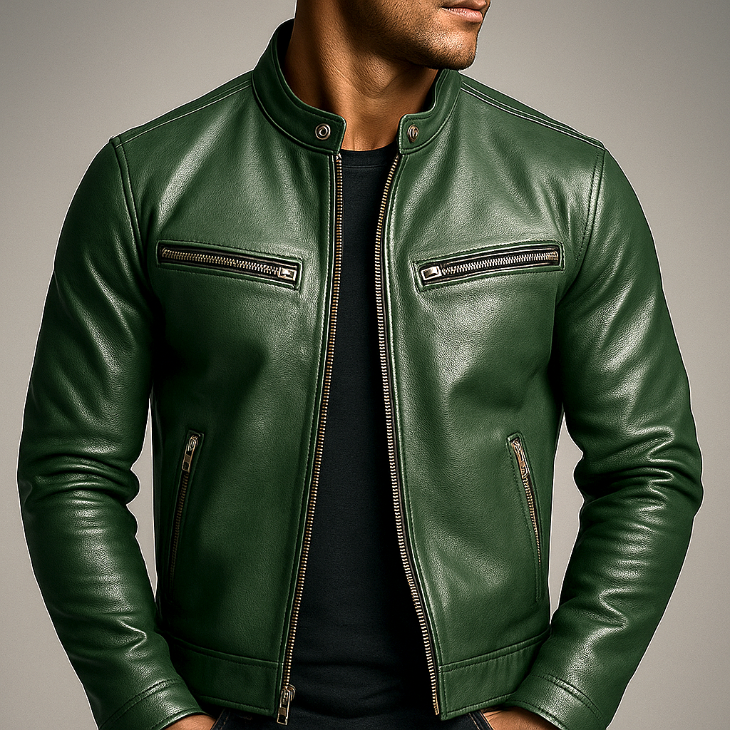Men's Biker Jacket - Stand Collar - Full Zip - Multi Pocket