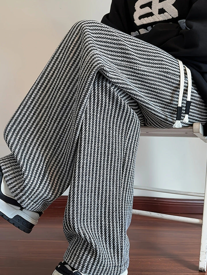 Men's Wide Leg Pants - Herringbone Pattern - Drawstring Waist