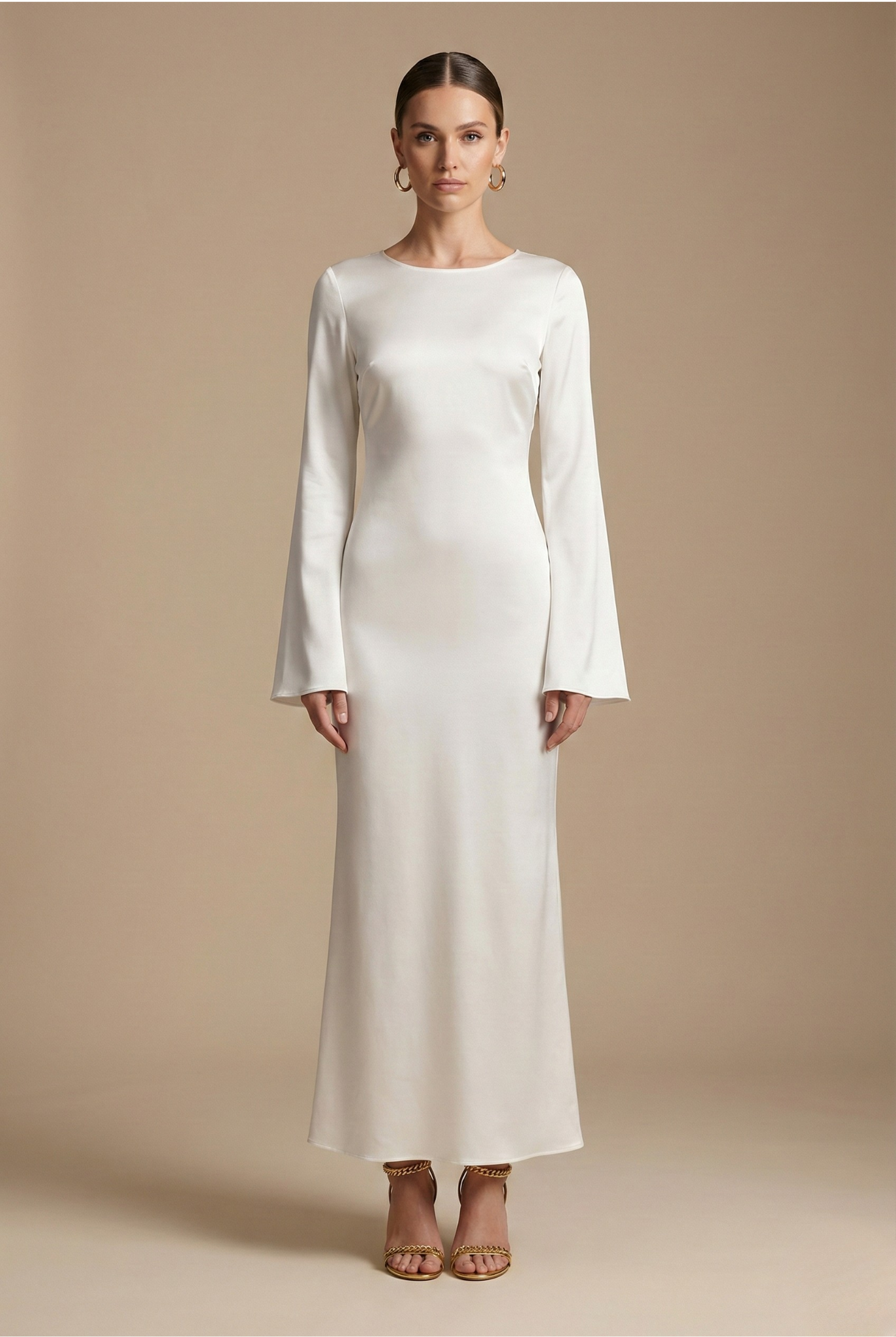 Women's Satin Maxi Dress - Long Flare Sleeve - Side Split