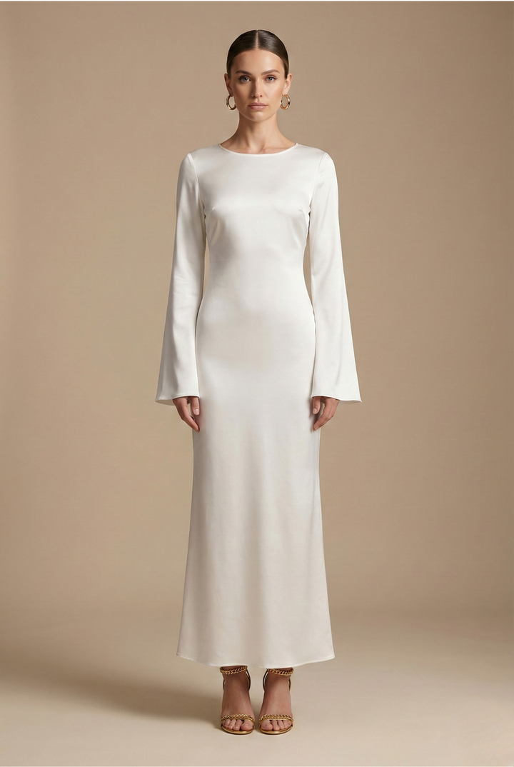 Women's Satin Maxi Dress - Long Flare Sleeve - Side Split