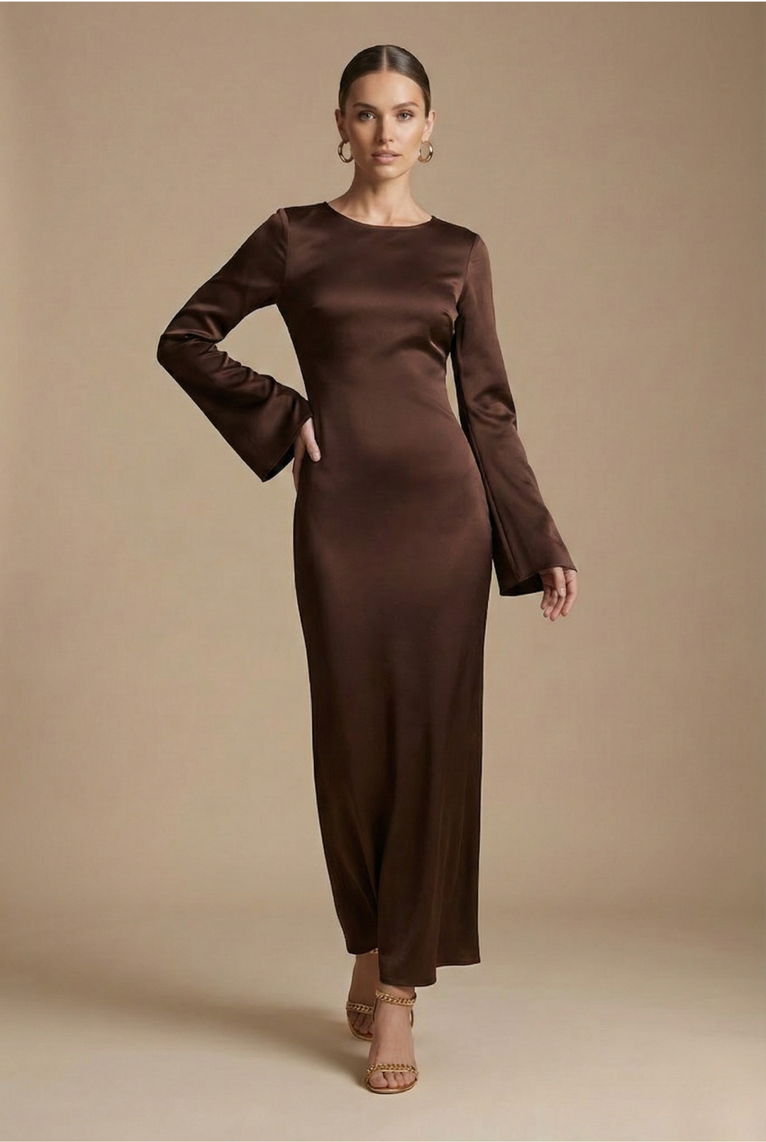 Women's Satin Maxi Dress - Long Flare Sleeve - Side Split