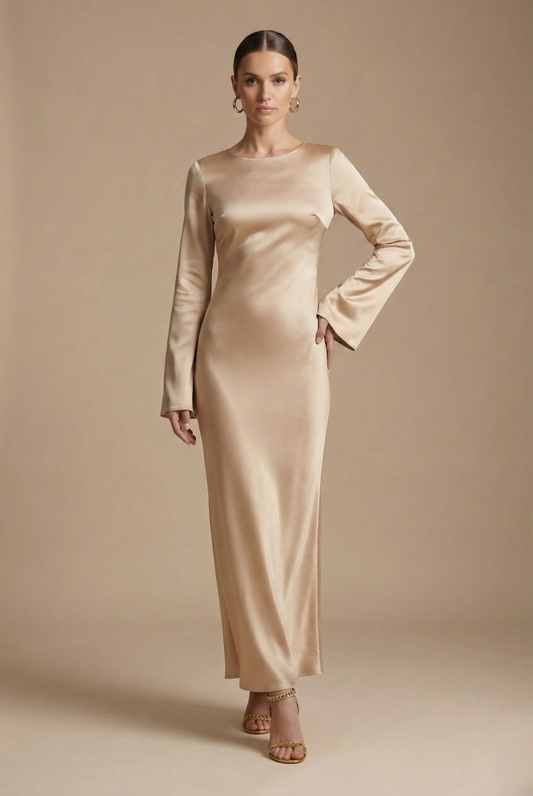 Women's Satin Maxi Dress - Long Flare Sleeve - Side Split