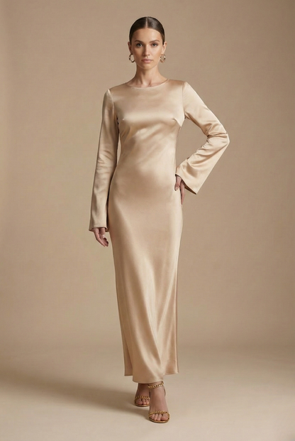Women's Satin Maxi Dress - Long Flare Sleeve - Side Split