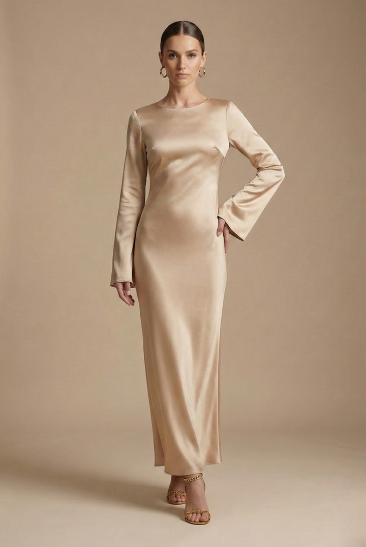Women's Satin Maxi Dress - Long Flare Sleeve - Side Split