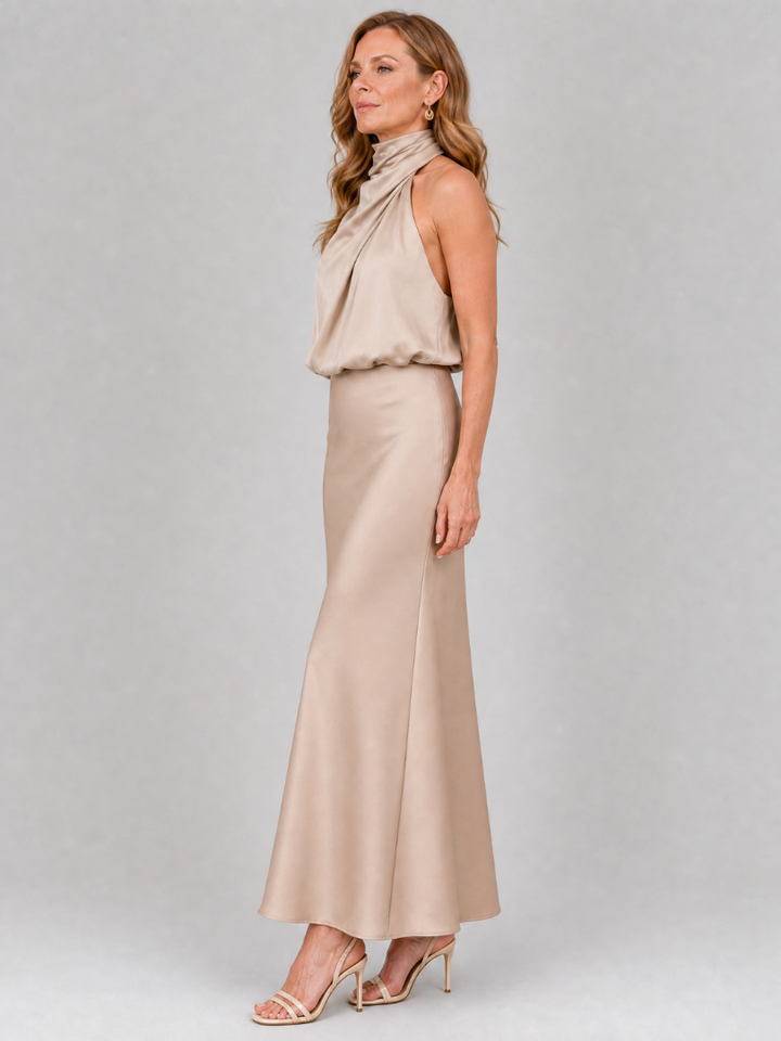 Nopal | Sleeveless Midi Dress with Draped Neckline