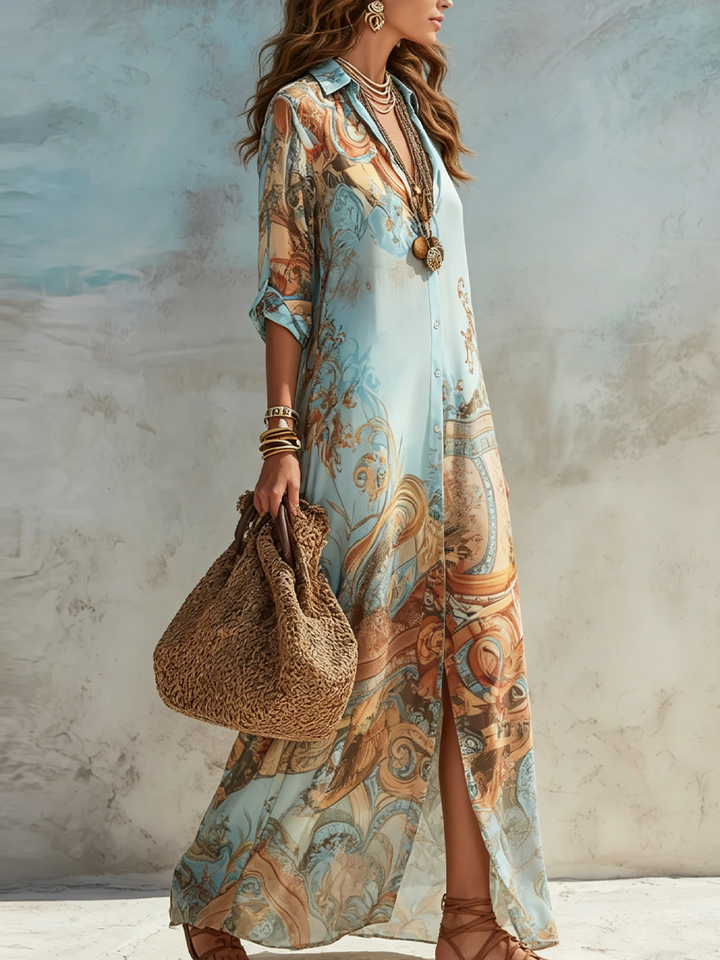 Floral Blue Chiffon Maxi Dress in Baroque Style
