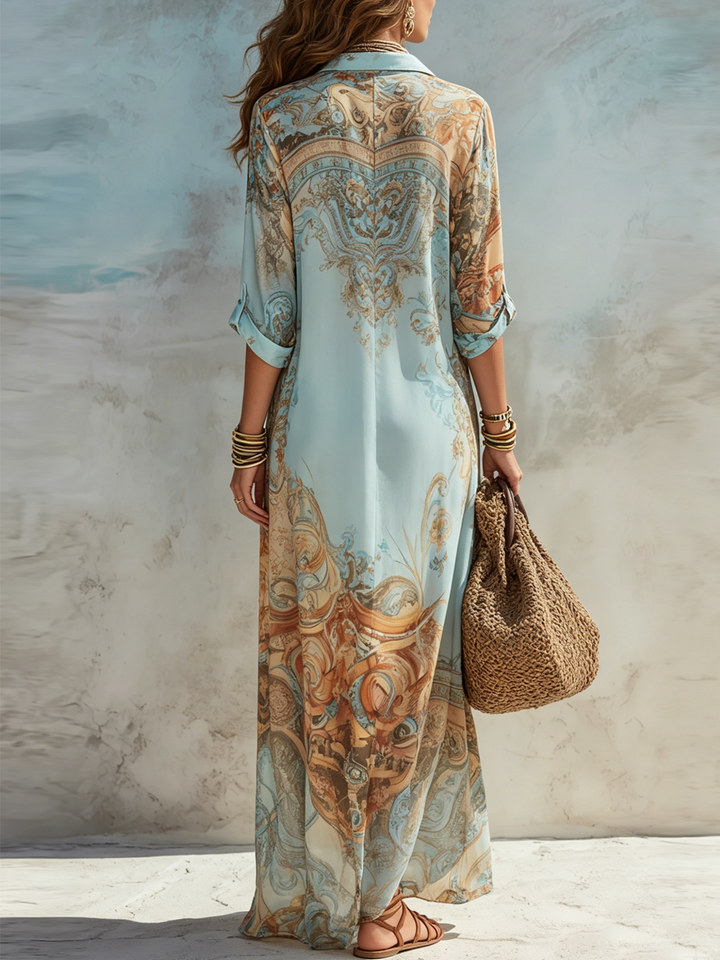 Floral Blue Chiffon Maxi Dress in Baroque Style