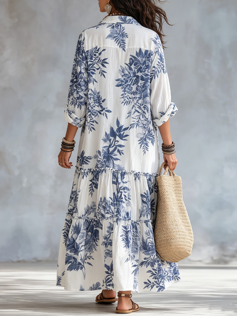 Boho Chic Blue Floral Maxi Dress with Button Details