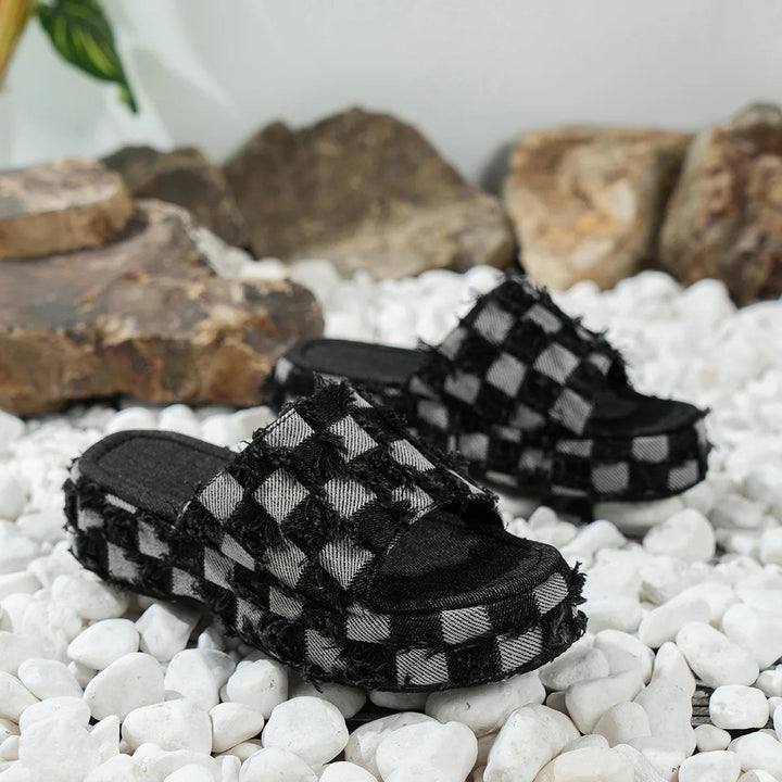 Check Denim Platform Sandal