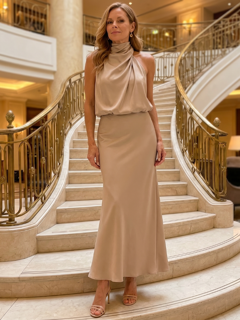 Nopal | Sleeveless Midi Dress with Draped Neckline