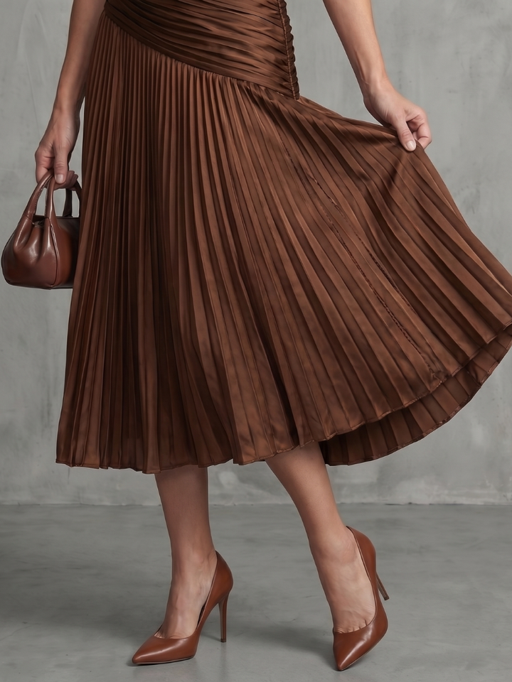 Theodora | Striped Midi Dress with Pleated Waistline