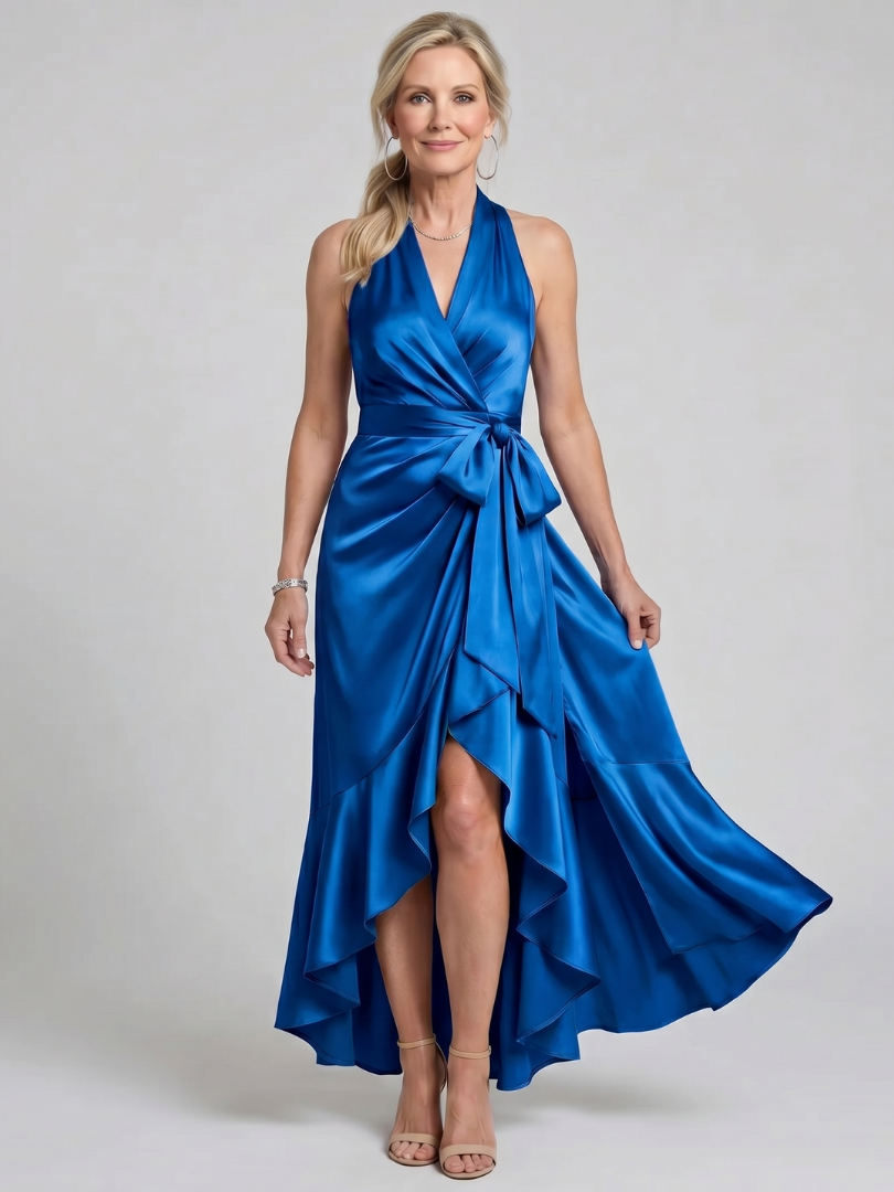 Honora | Asymmetric Hem Midi Dress with Halter Neck Wrap