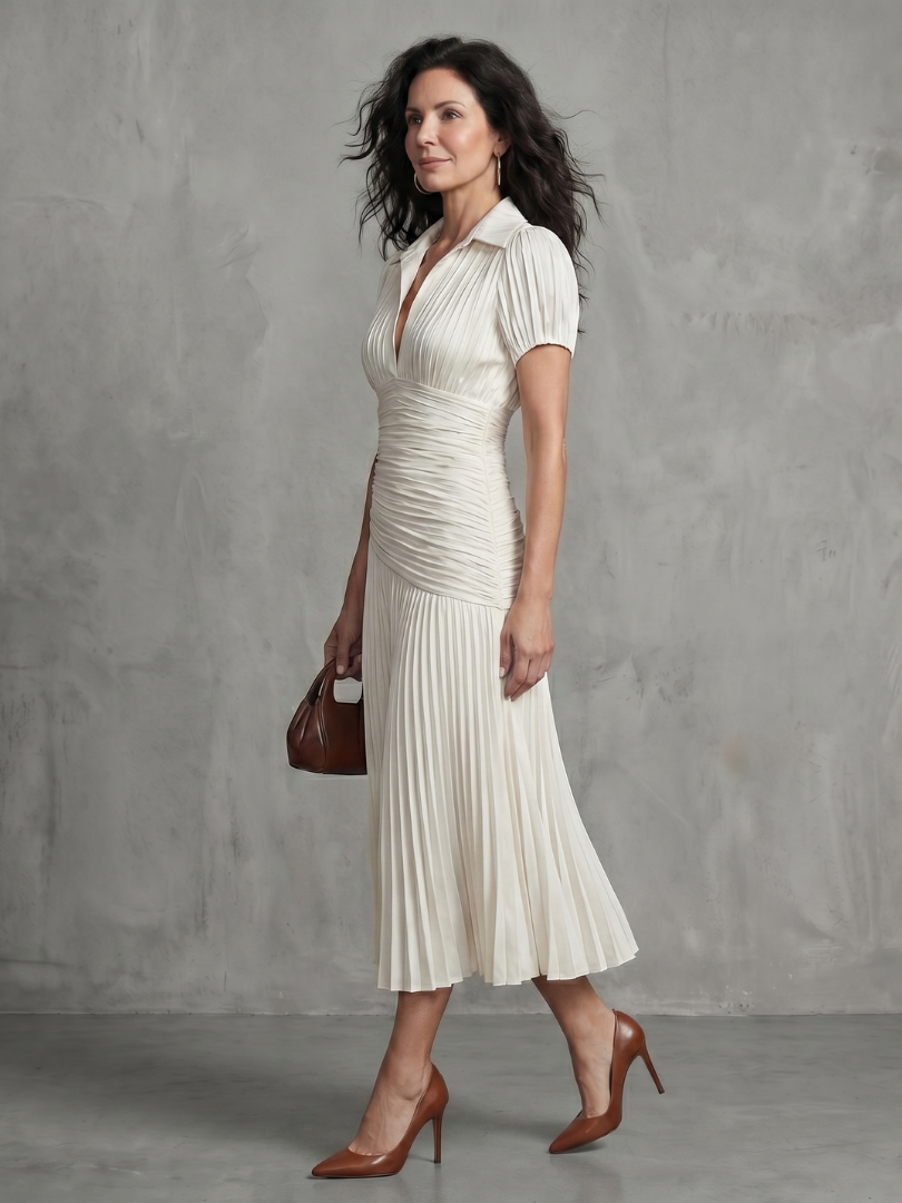 Theodora | Striped Midi Dress with Pleated Waistline
