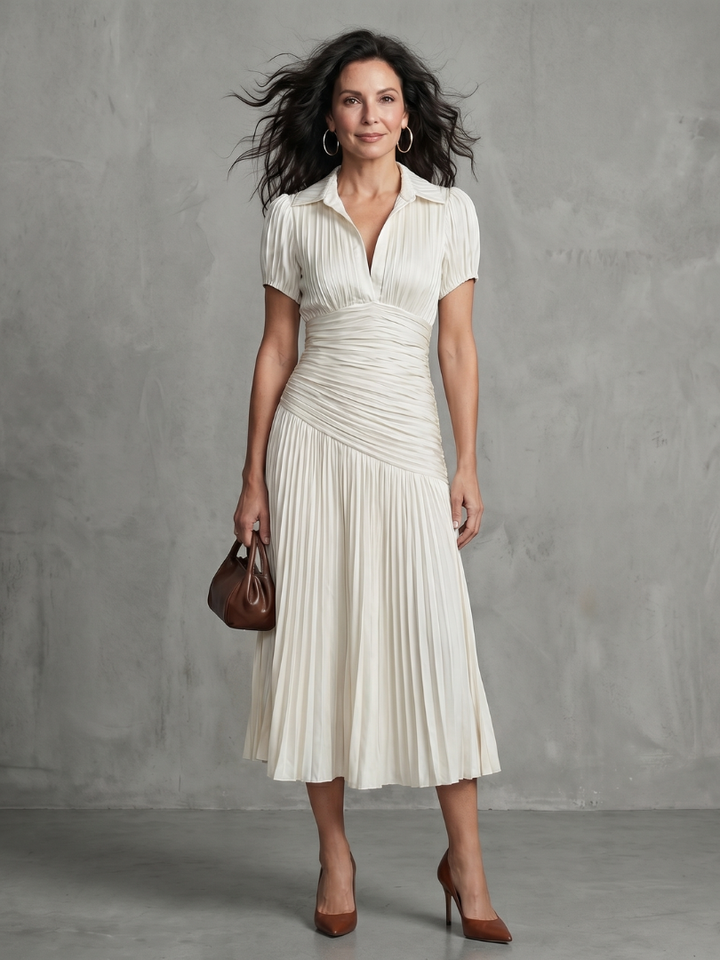Bella | Striped Midi Dress with Pleated Waist