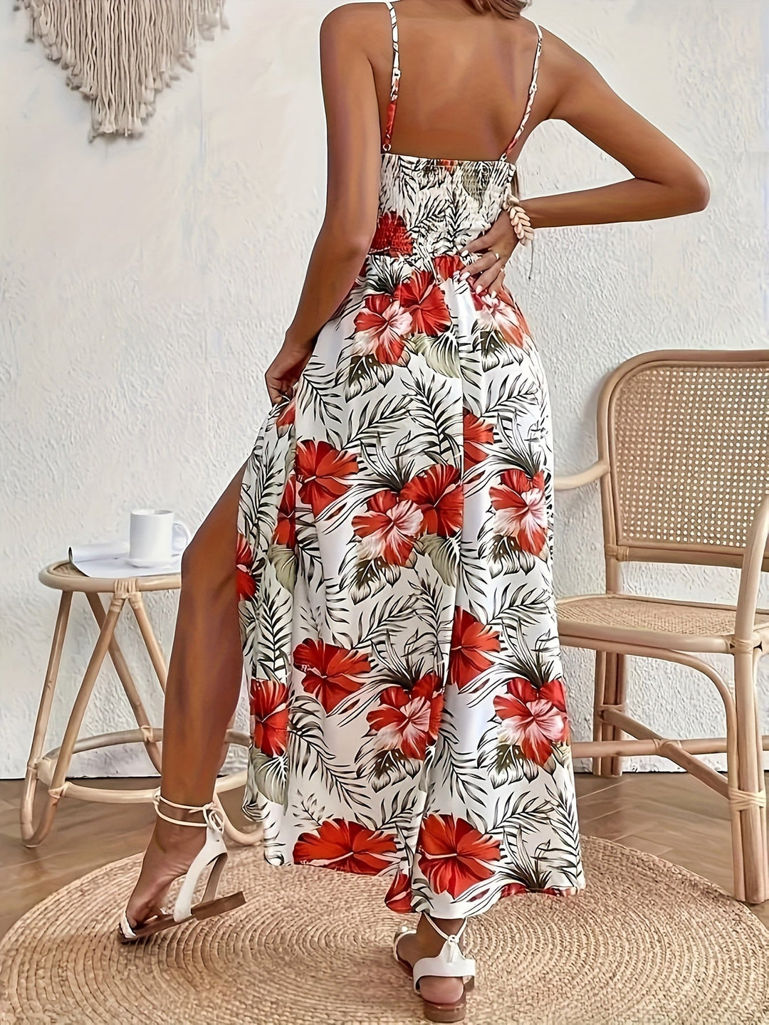 Women's Floral Maxi Dress - V-Neck Spaghetti Strap - Crochet Waist