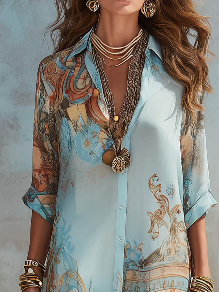 Floral Blue Chiffon Maxi Dress in Baroque Style