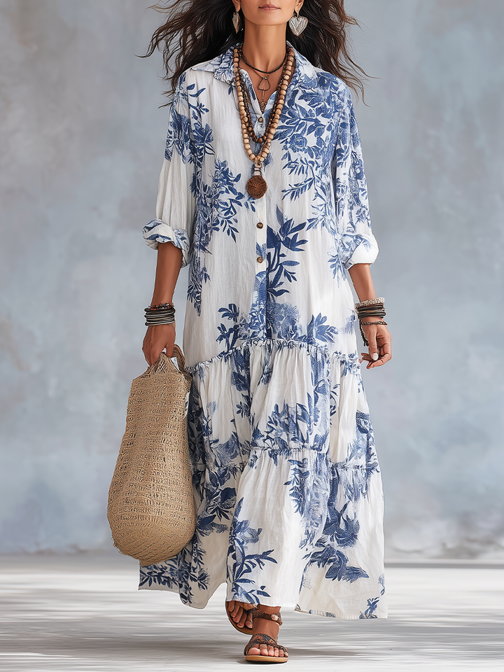 Boho Chic Blue Floral Maxi Dress with Button Details