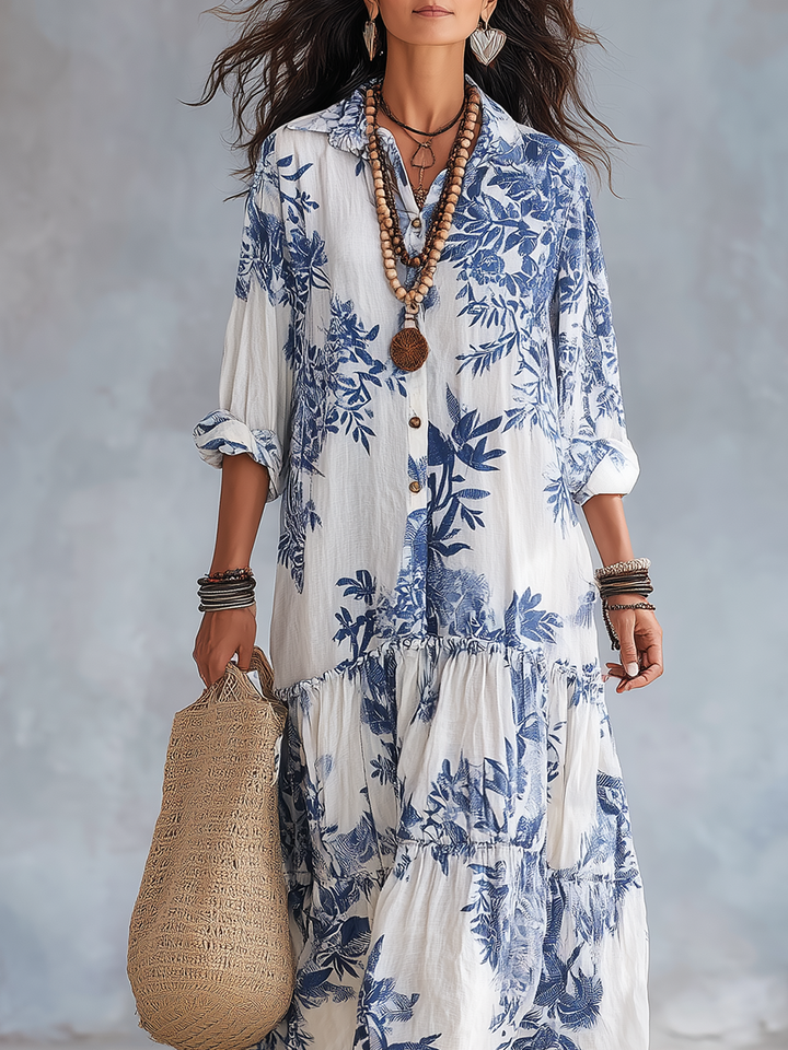 Boho Chic Blue Floral Maxi Dress with Button Details