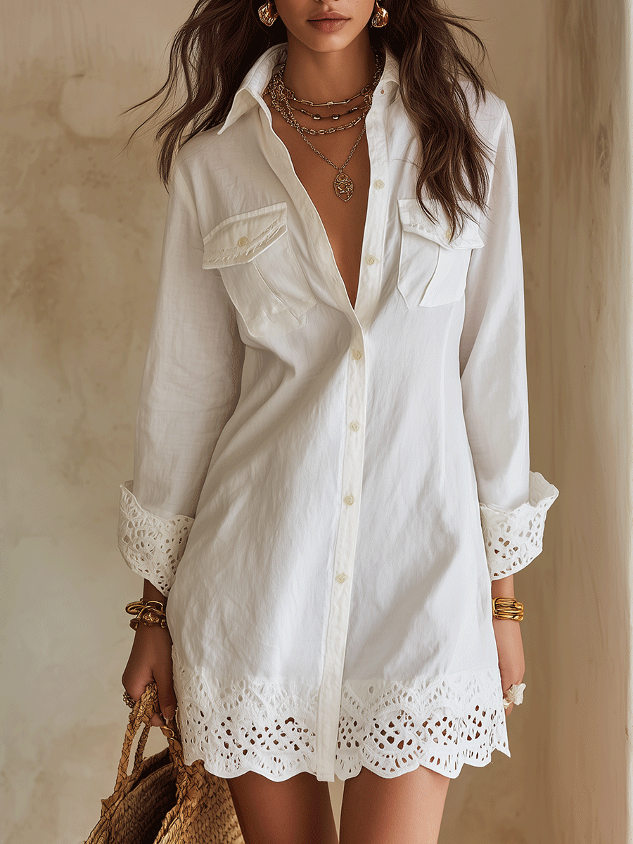 White Mini Dress with Bohemian Eyelet Hem for Resort Wear