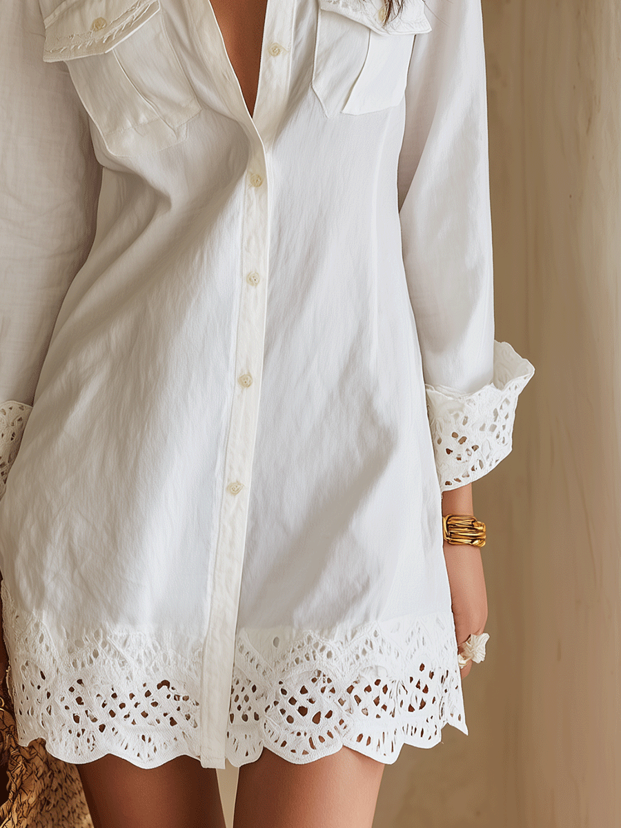 White Mini Dress with Bohemian Eyelet Hem for Resort Wear