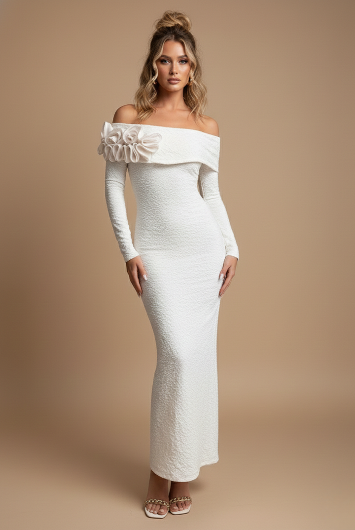 Women’s White Maxi Dress – Off Shoulder Long Sleeve Bodycon Dress with Floral Appliqué