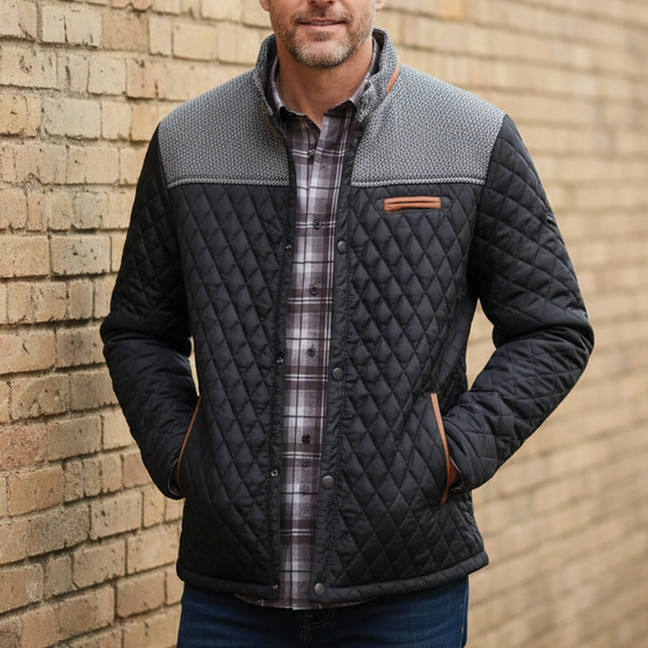 Men’s Quilted Jacket – Snap Button Front Casual Coat with Stand Collar and Contrast Panels