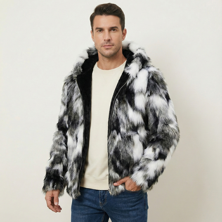 Men's Jacket - Faux Fur Zip Up with Shaggy Multi-Tone Print and Fleece Lined Interior
